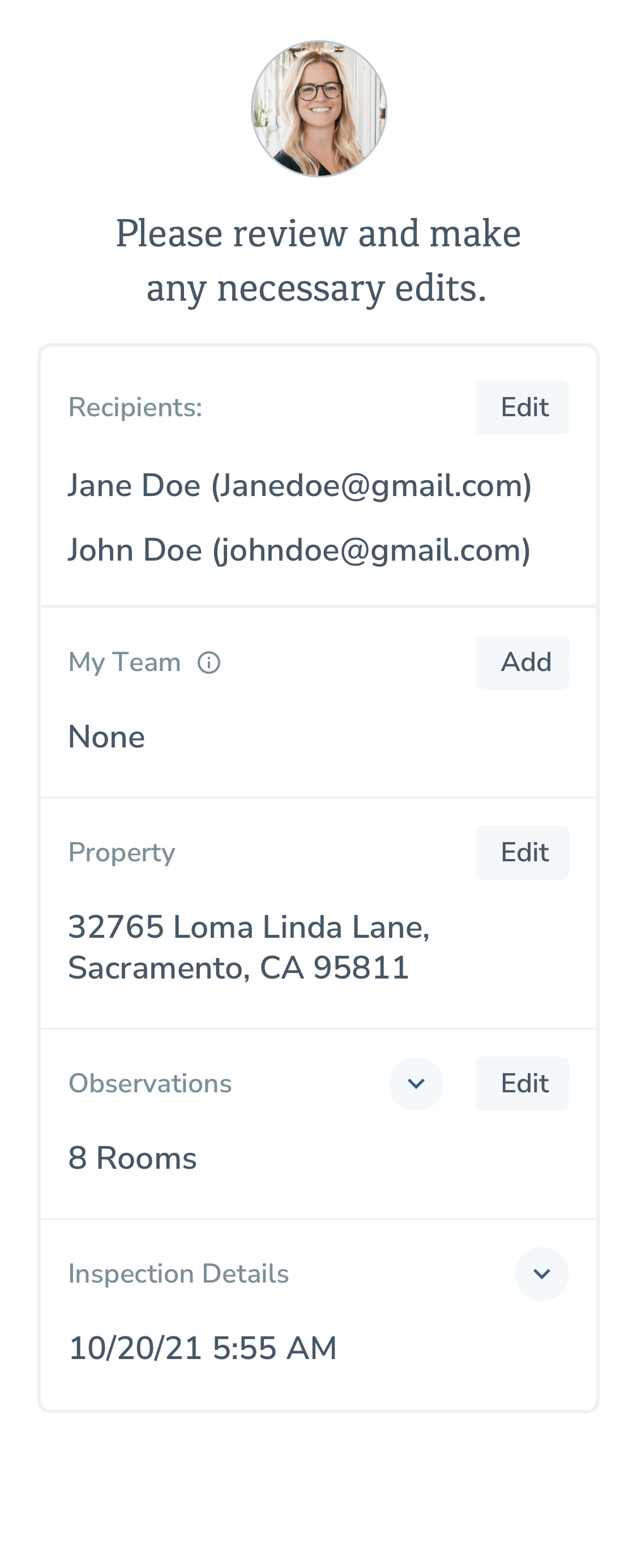 Breeze on mobile, the summary screen for reviewing recipients, property, and observations before finishing